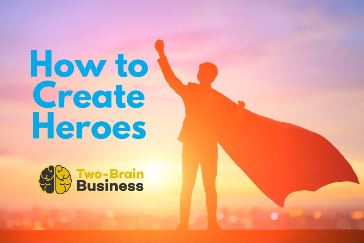 A silhouette of a caped figure in the sunset with the words "How to Create Heroes."