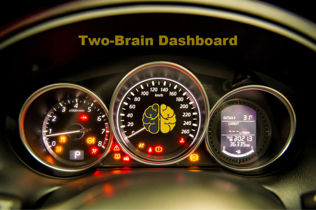 An illuminated dashboard panel of a vehicle with the Two-Brain Business logo at the center of the speedometer.