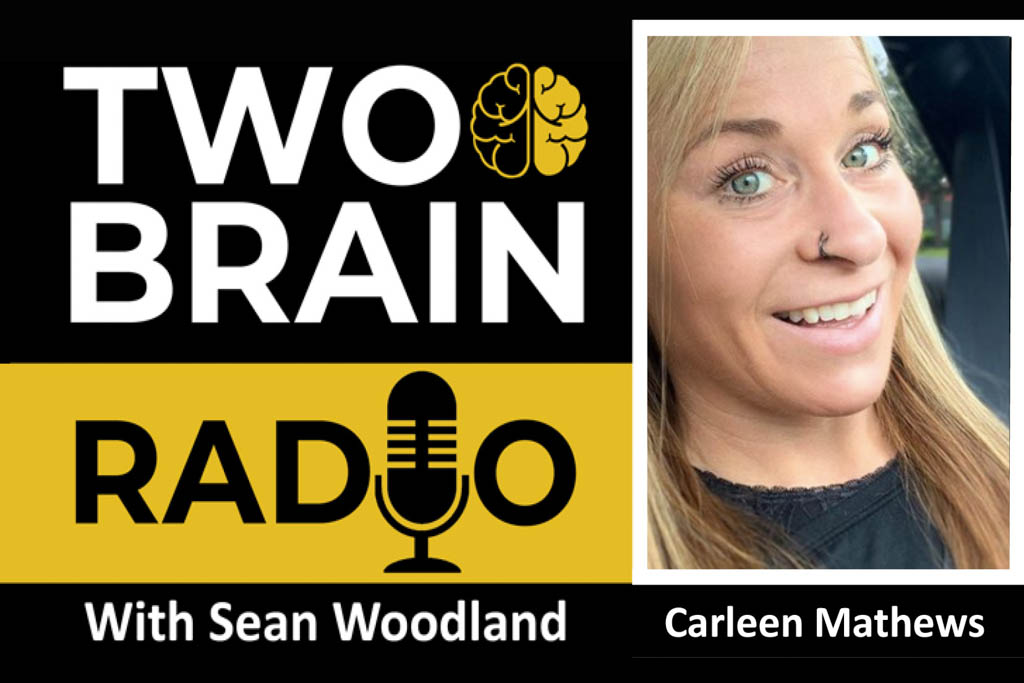 The Two-Brain Radio logo next to a headshot of smiling athlete Carleen Mathews.