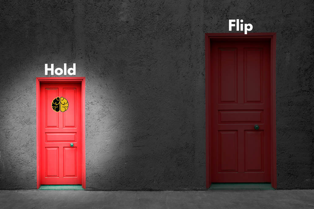 Two red doors in a grey wall; a sign above one says "hold" and the sign above the other says "flip."