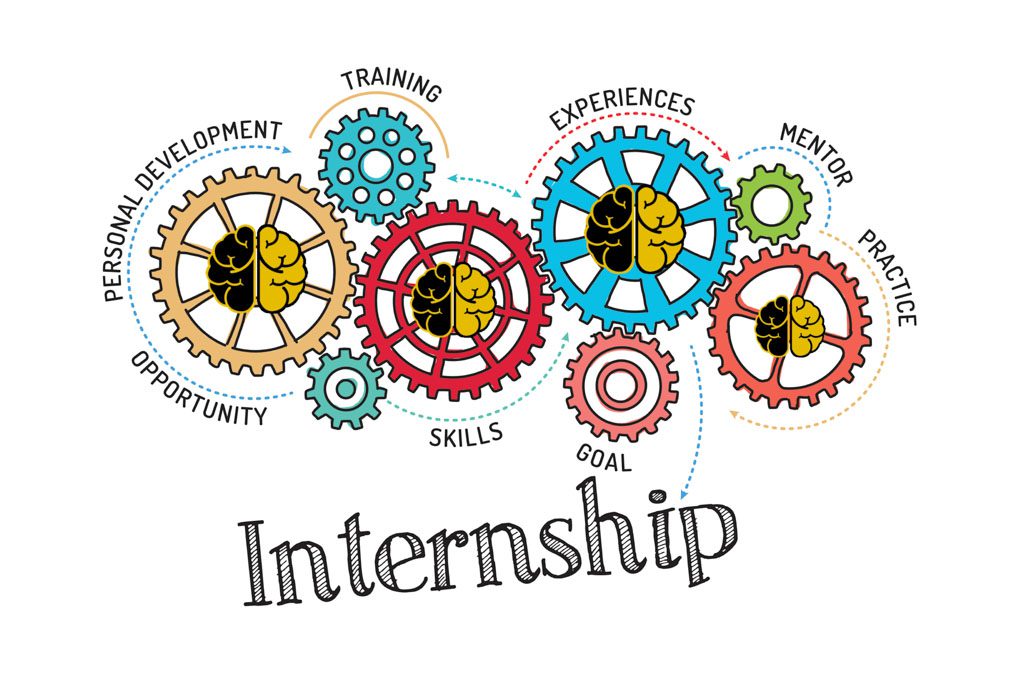 A cartoon drawing of a number of colored gears meshing together above the word "internship."