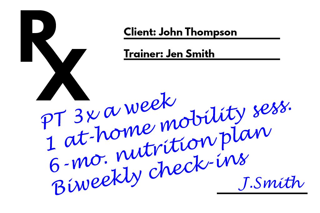 A prescription pad on which a fitness trainer has written a plan for a client in blue ink.