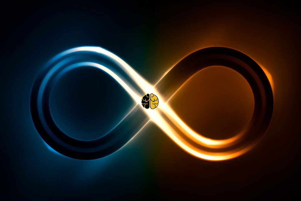 On a black background, an infinity symbol glows, with one half blue and the other loop orange.