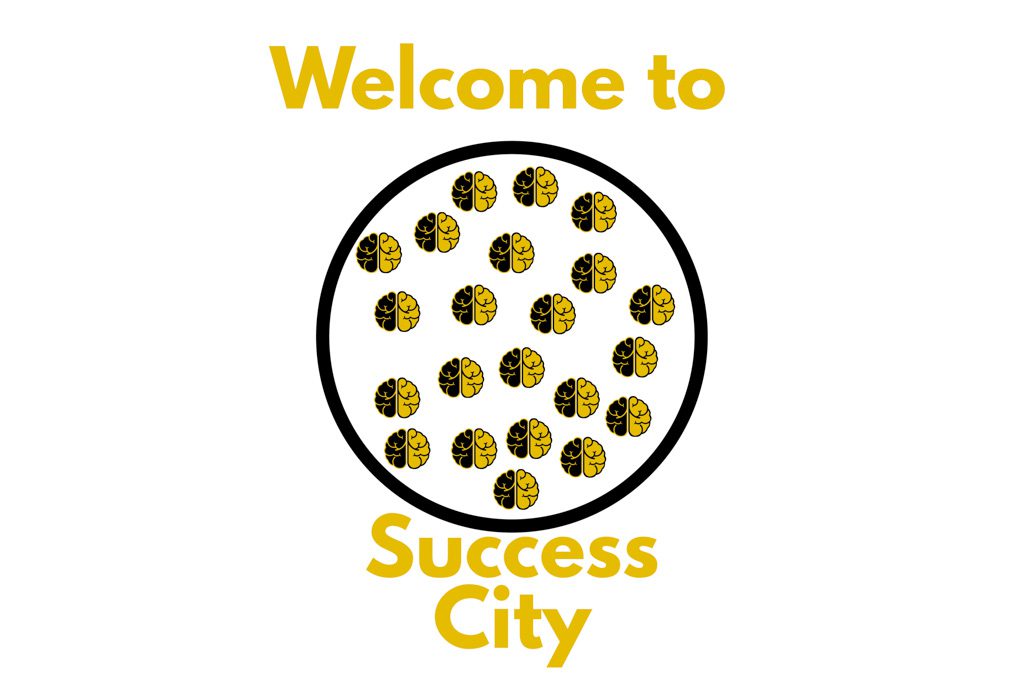 A black circle holds about 20 Two-Brain Business logos; the words "Welcome to Success City" are above the circle.
