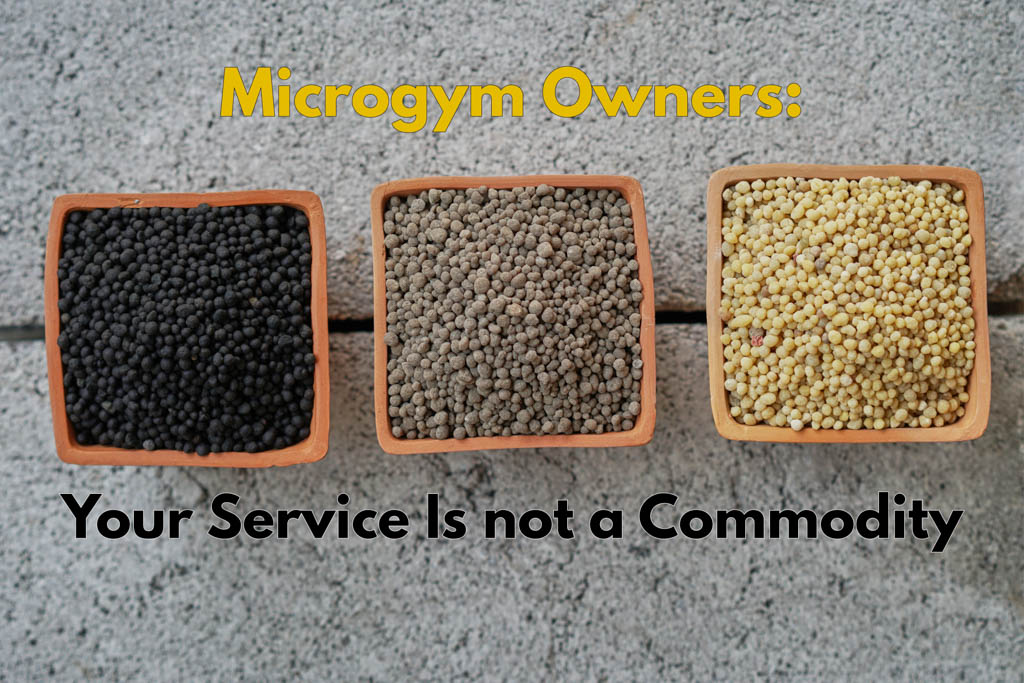 Three colors of diammonium phosphate in clay pots with the words "your service is not a commodity."