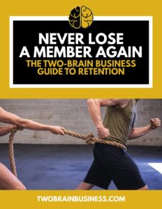 The cover of the e-book "Never Lose a Member Again"; a coach tries to hold a fleeing client back with a rope about the waist.