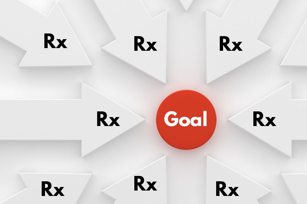 A number of white arrows labelled "Rx" point at a red circle labelled "goal."