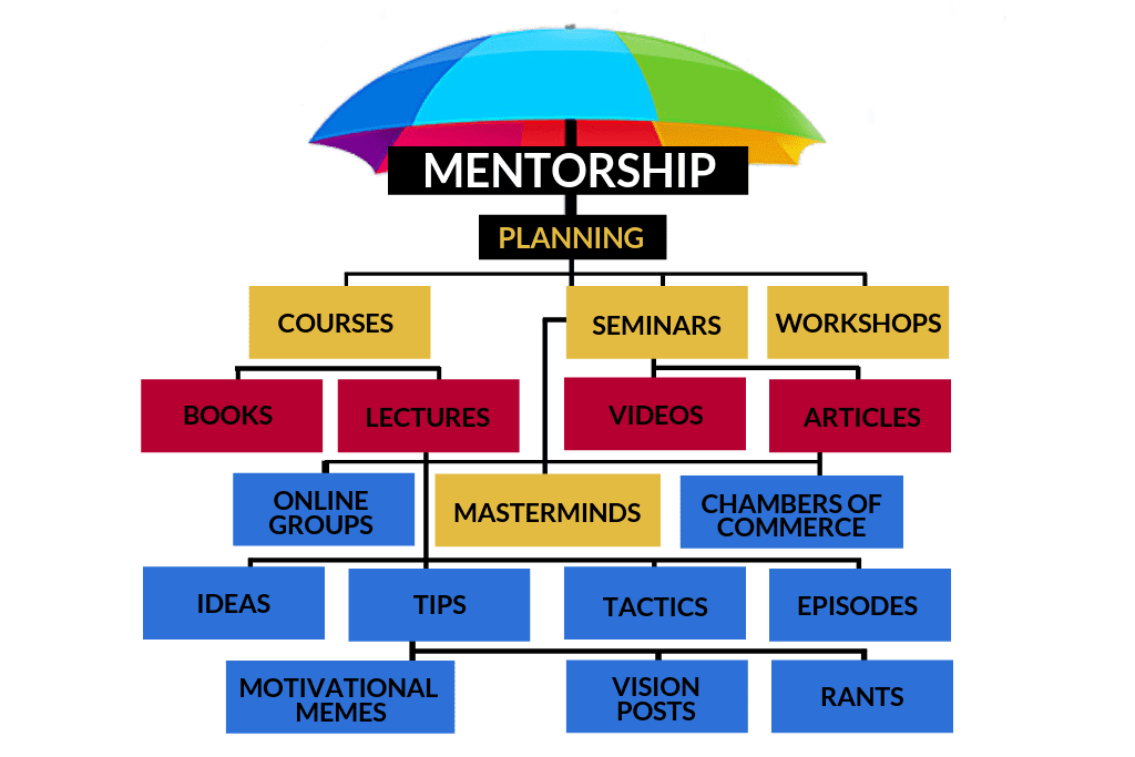 A colourful diagram showing how a mentor filters ideas from a number of sources.