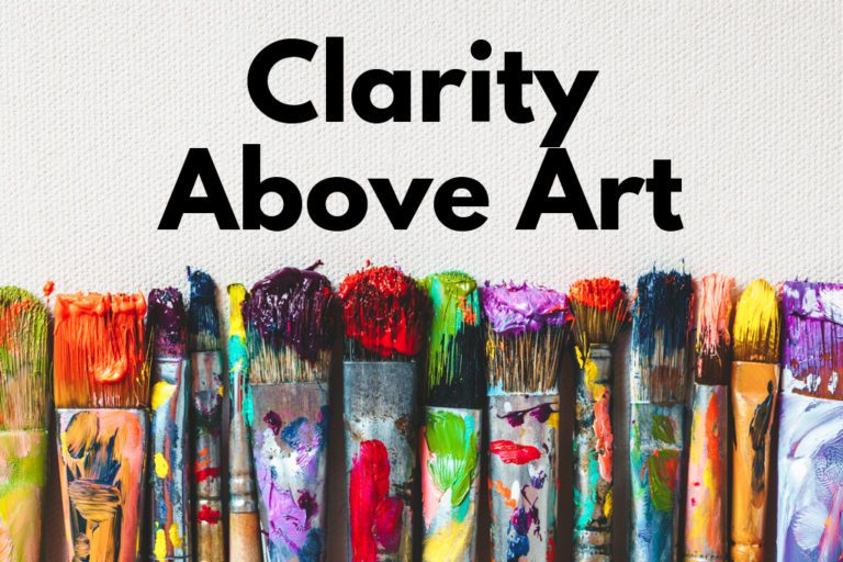 A row of colored paintbrushes lie on a canvas below the words "clarity above art."