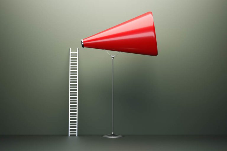 A white ladder leads up to a giant red megaphone that represents branding and communication.
