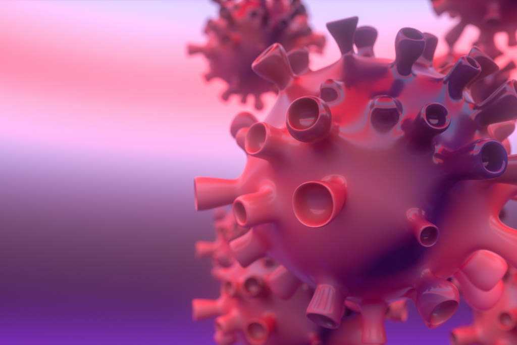 A closeup graphic representation of the coronavirus.