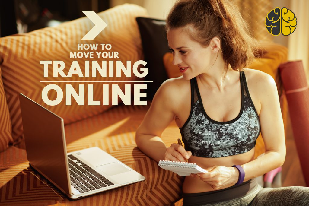 Woman taking notes from a laptop, text: How To Move Your Training Online
