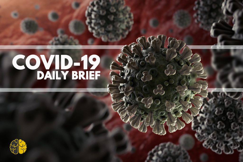 A black and red graphic image of the coronavirus with the words "daily brief."