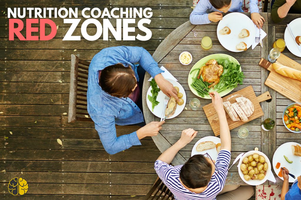 A birds eye view of a family eating a meal with the text nutritional coaching red zones' text