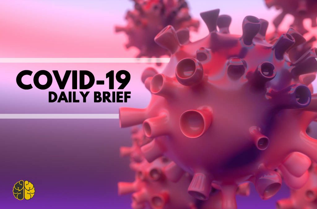 A purple and pink graphic image of the coronavirus with the words "daily brief."