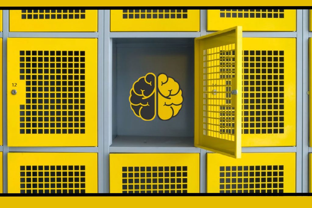 How to reopen a gym: A set of yellow lockers with one door open to reveal the Two-Brain logo.
