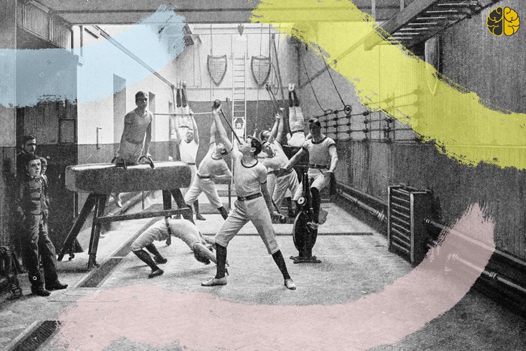 A vintage photograph of men exercising in the Exeter Gymnasium