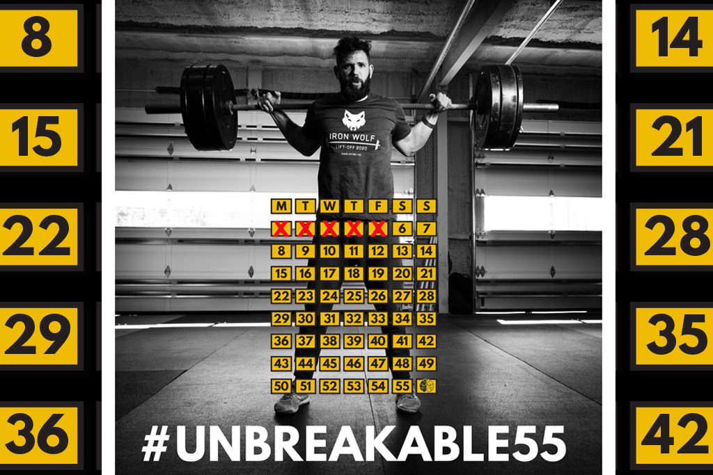 #unbreakable55 challenge - man lifting weights with a calendar marking off days