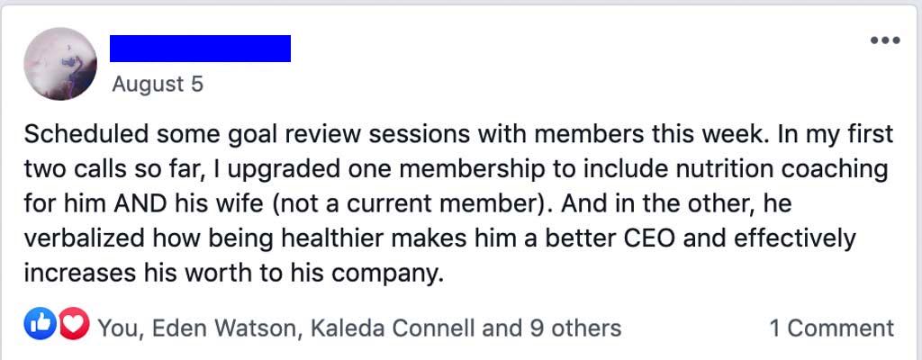 An image showing a client testimonial from a private fitness industry Facebook group.