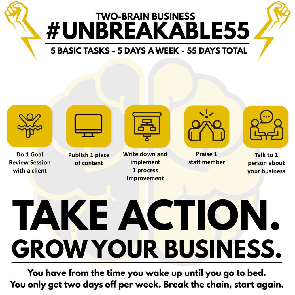 An infographic with 5 daily tasks for gym owners participating in the Two-Brain Business Unbreakable55 challenge.
