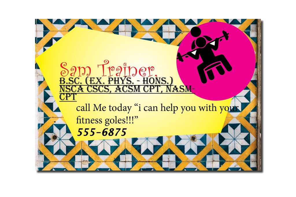 An example of a poorly designed, overly cluttered business card for a fitness coach.