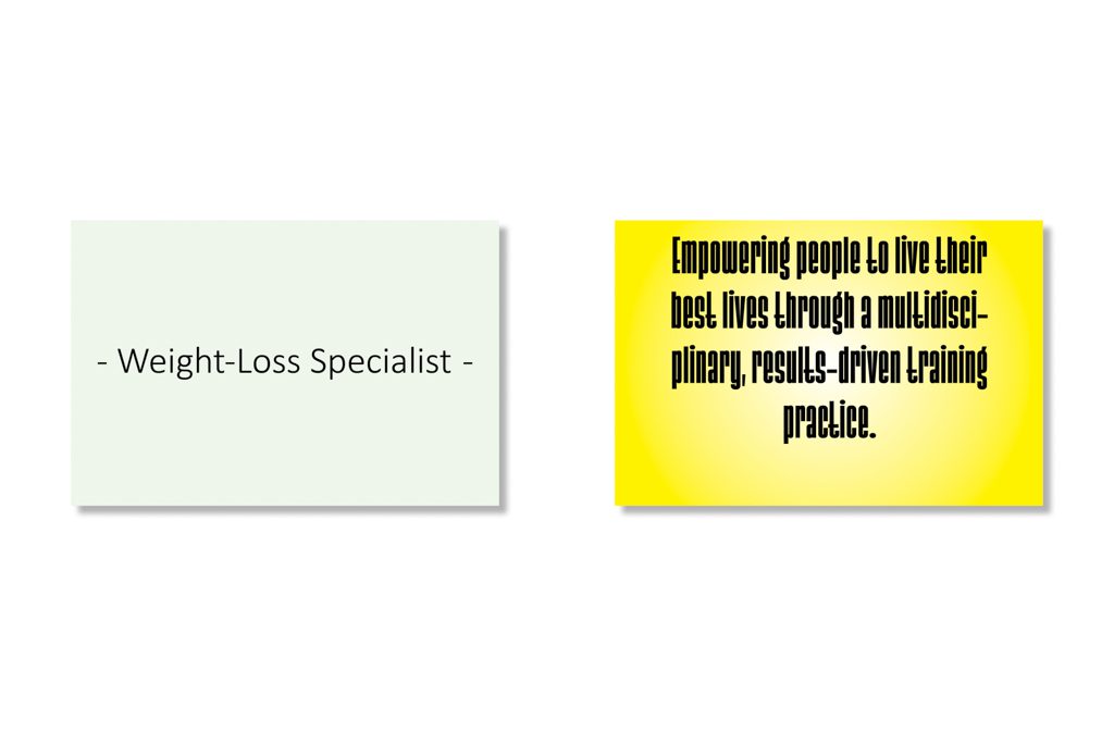 Examples of the reverse sides of two business cards for a PT business. One is simply. The other is garish.