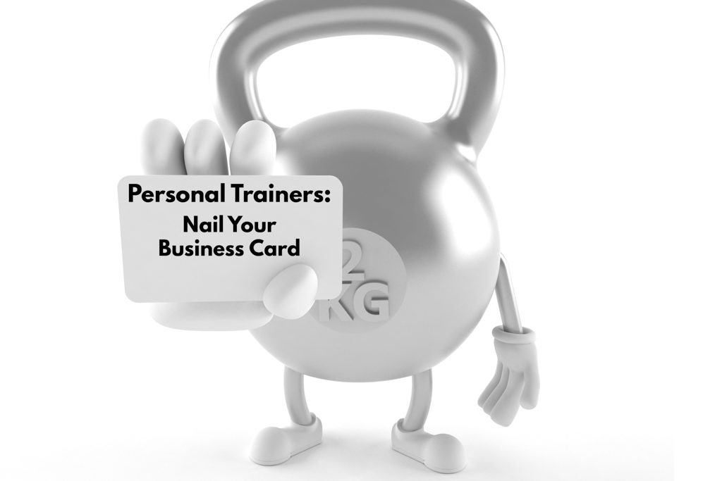 A silver cartoon kettlebell figure holds a personal trainer business card.