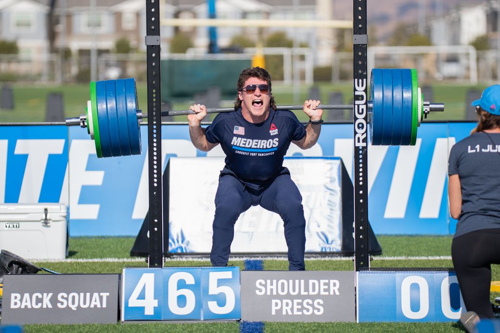 Justin Medeiros squats about 480 pounds at the 2020 CrossFit Games.