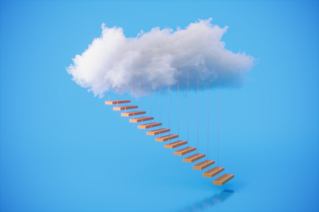 On a blue background, a set of stairs lead into clouds.