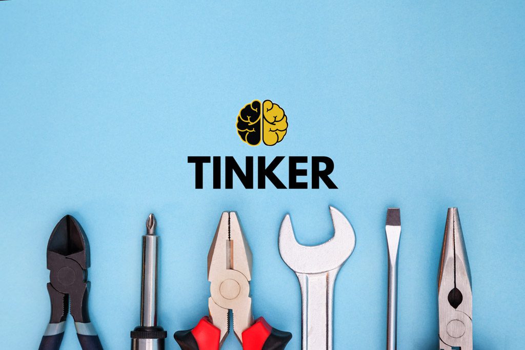 A picture with several common tools and the word "Tinker" above them.