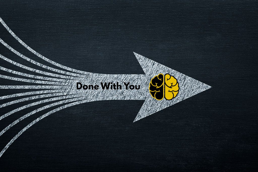 A number of small arrows unite to form a large arrow with the words "done with you" on it.