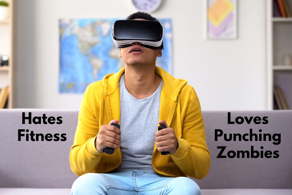 A young male sits on a couch and uses a virtual reality (VR) headset to play a fitness game.