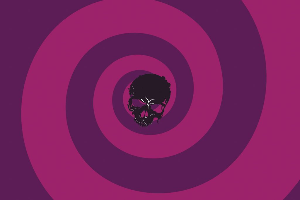 A black skull spins in the middle of a purple spiral graphic.