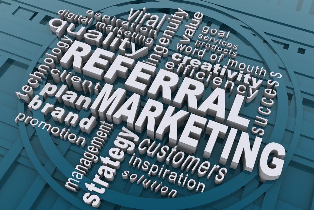 A word cloud featuring "referral marketing" and associated words and phrases.