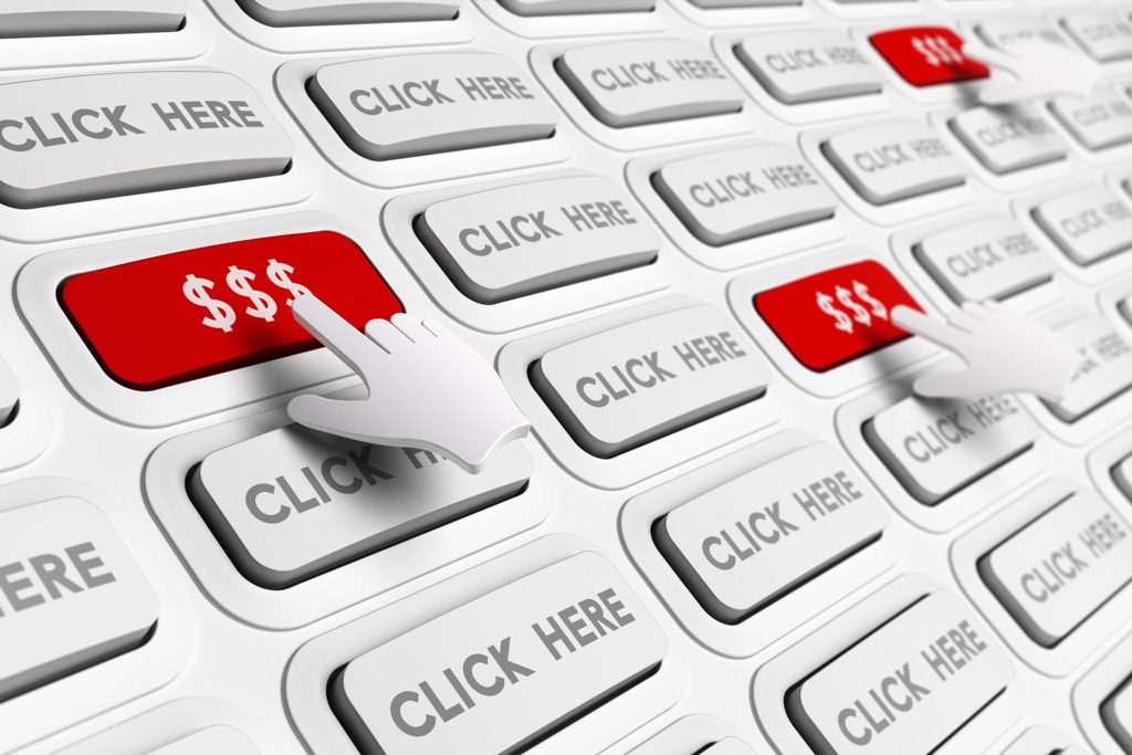 A graphic showing many "click here" buttons and a few bright red buttons with dollar signs.