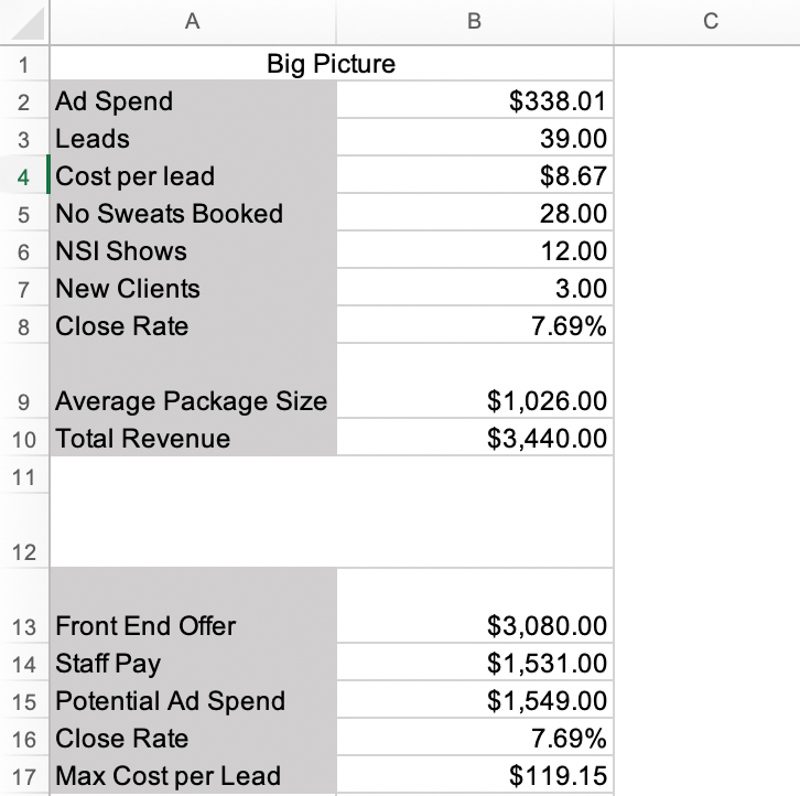 A closeup image of an actual ROI tracking spreadsheet used in gym marketing.