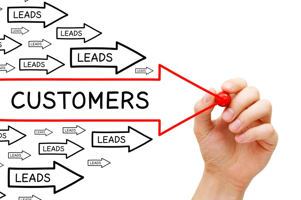 A number of black arrows with the word "leads" are dwarfed by a large red arrow that says "customers."