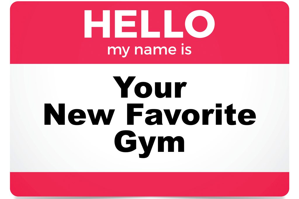 A red name tag with the words "Your New Favorite Gym."