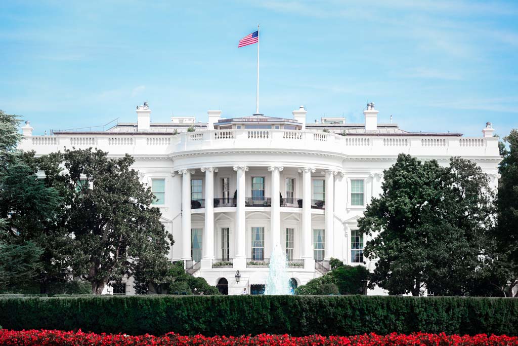 A photo of the front of the White House in Washington, D.C.
