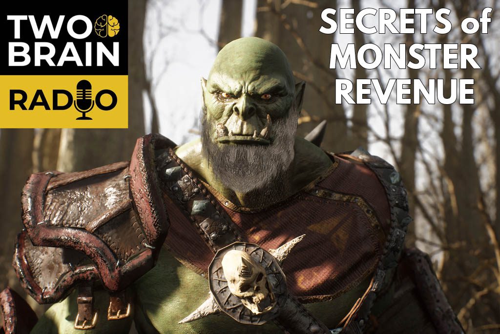 A large green orc in armor with the words "Secrets of Monster Revenue."