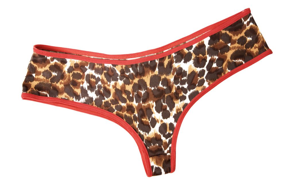 On a white background, a photo of leopard-print swimwear bottoms.