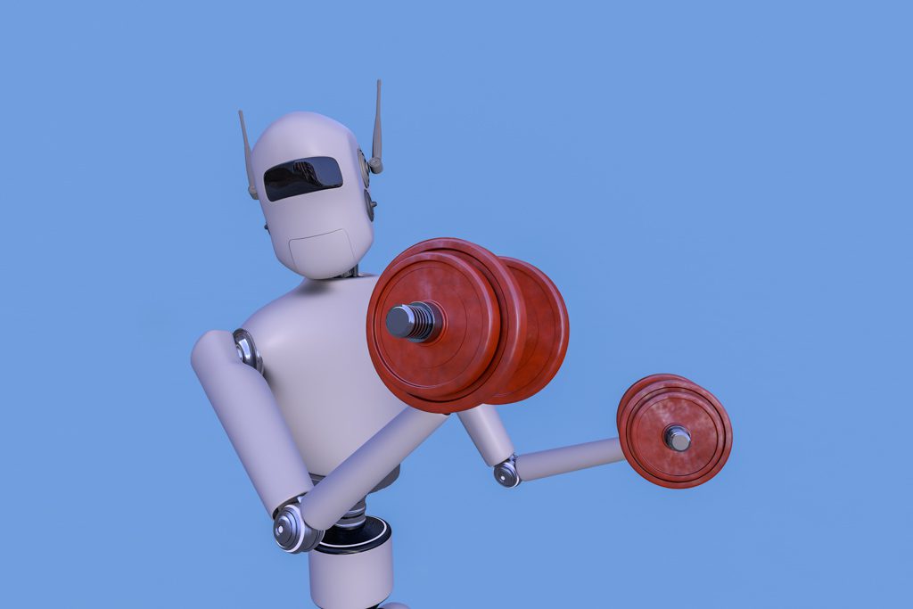A graphic showing a robot doing biceps curls with red dumbbells.