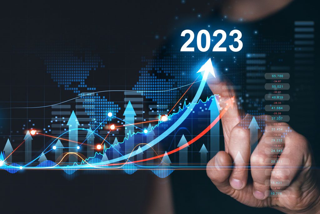 A graphic showing increasing business metrics along a timeline from 2022 to 2023.