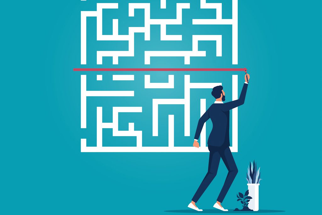 A graphic in which a man draws a red shortcut through a white maze.