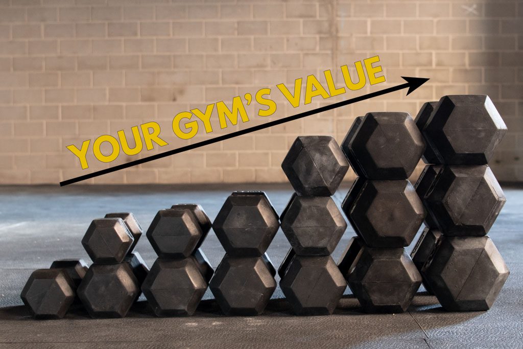 Stacks of dumbbells of increasing size, with an arrow and the words "your gym's value."