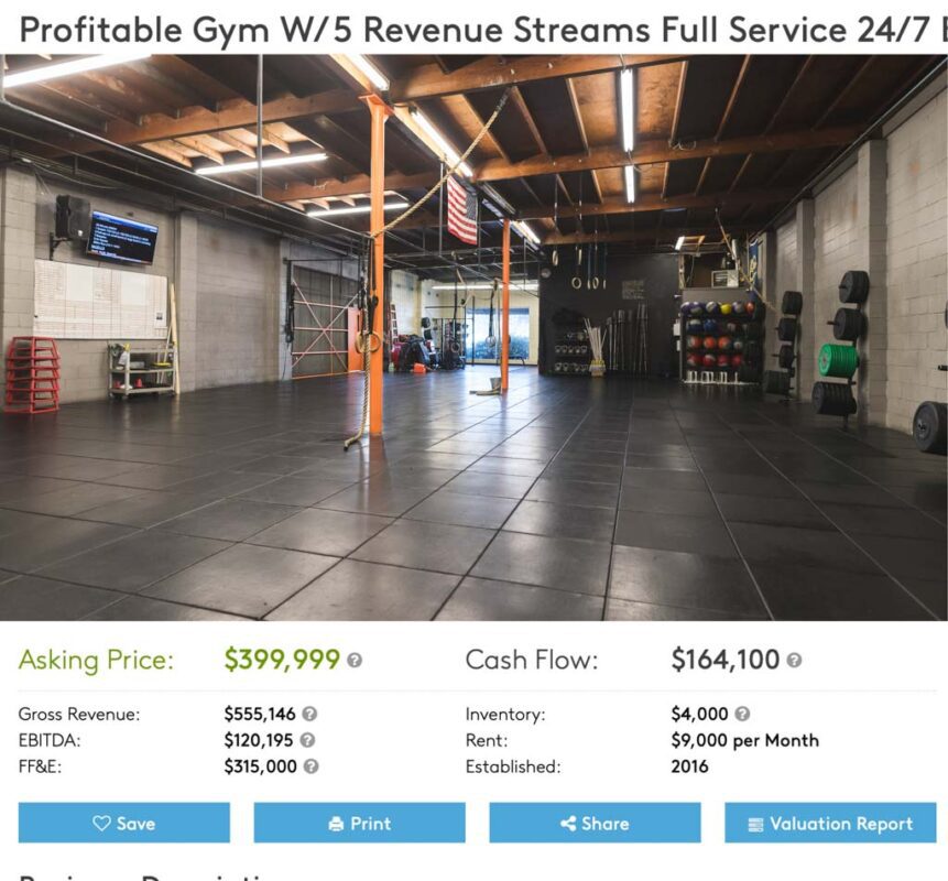 A photo of a gym for sale, with asking price, cash flow and other important stats.