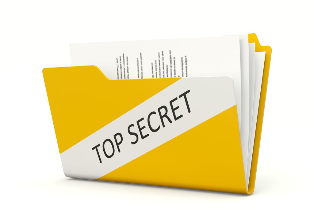 On a white background, a manila folder full of documents with a "top secret" label.