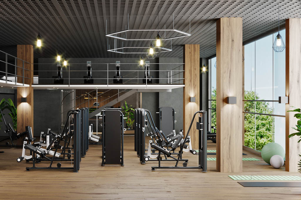 An artist's rendering of the interior of a luxurious, multi-level gym with many high-end machines.