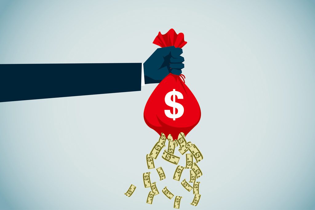 An graphic showing an arm holding a red bag of money with bills leaking out the bottom.