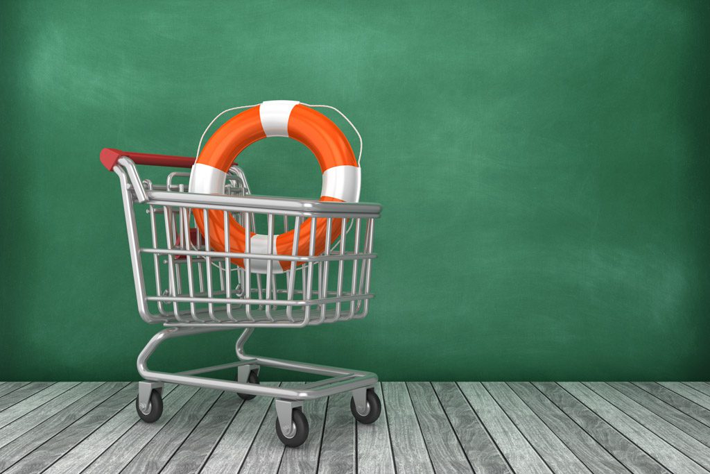An artist's illustration of a shopping cart with an orange life ring inside it.